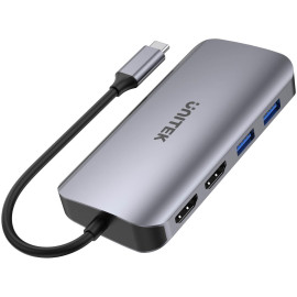 Unitek D1122A01 Aktywny hub USB-C 5Gbps, 2x HDMI 4K, czytnik kart, RJ-45, PD 100W