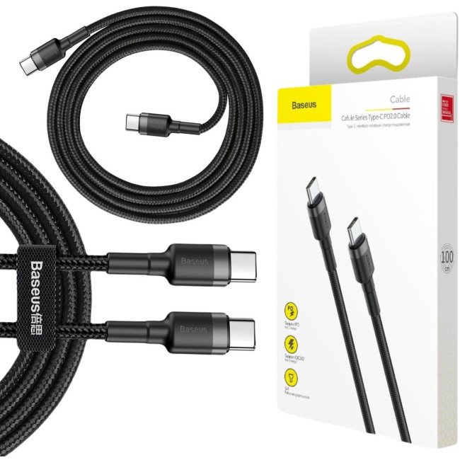 KABEL USB-C / USB-C Baseus Cafule CATKLF-GG1 100cm 60W 3A PD 2.0 QC 3.0 CZARNO-SZARY W OPLOCIE