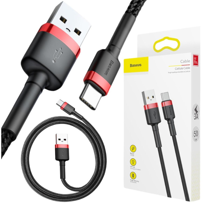 KABEL USB-A / USB-C Baseus Cafule CATKLF-A91 50cm 3A QC 3.0 CZARNO-CZERWONY W OPLOCIE