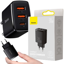 ŁADOWARKA SIECIOWA Baseus Compact Quick Charger CCXJ-E01 30W 2x USB-A 1x USB-C PD 3.0 QC 3.0 CZARNA