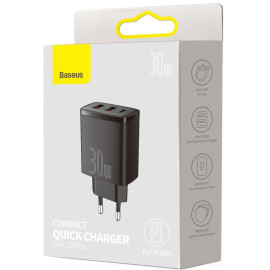 ŁADOWARKA SIECIOWA Baseus Compact Quick Charger CCXJ-E01 30W 2x USB-A 1x USB-C PD 3.0 QC 3.0 CZARNA