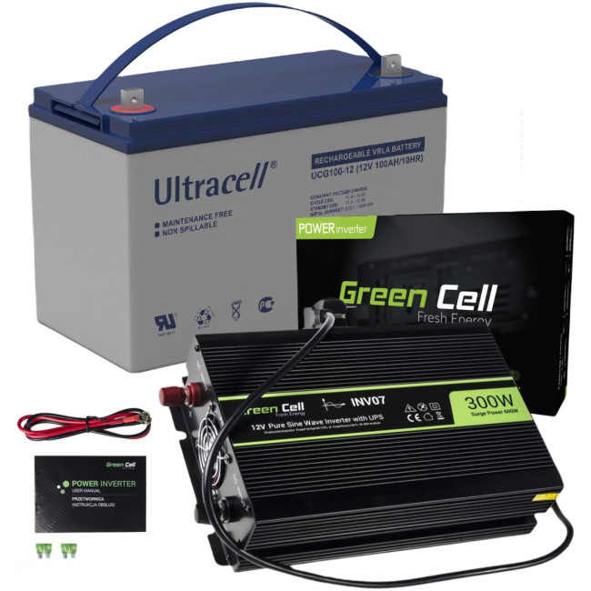 ZESTAW PRZETWORNICA Green Cell 12V/ 230V 300W/600W CZYSTY SINUS + AKUMULATOR AGM ULTRACELL 12V 100Ah